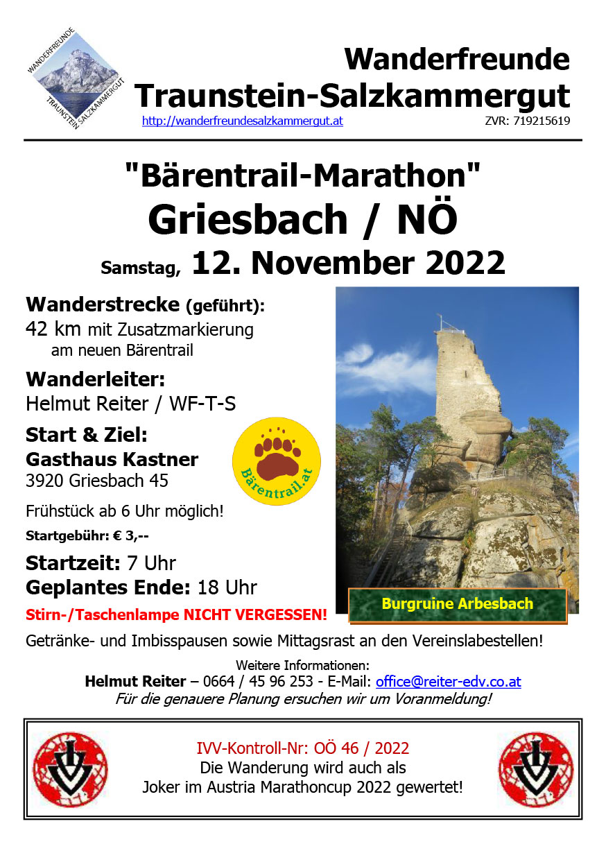 IVV Bärentrail-Marathon Griesbach, Wanderfreunde Traunstein-Salzkammergut